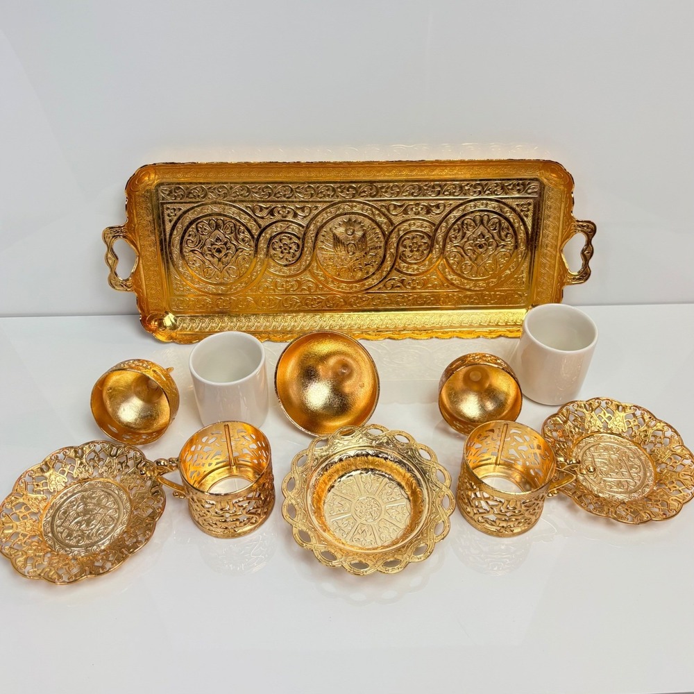 Gold Tone Turkish Tea Coffee Set Ornate Engraved Metal & Glass Turkey - Picture 3 of 8
